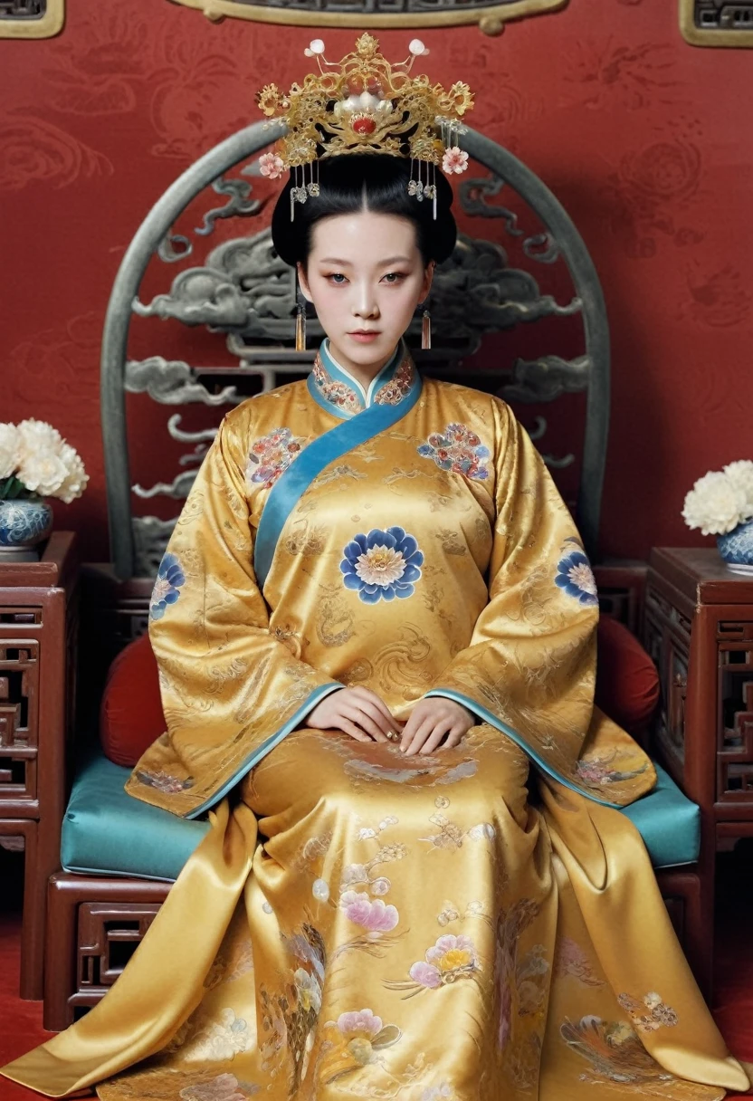 From before the Qing, The Empress sits naked on a golden sofa in the palace, Her eyes are wide open, Her legs were spread, big naked breasts. At the Chinese court during the Qing Dynasty, Empress of the Qing Dynasty, Empress of China, Wearing a large crown, When viewed from below, the abdomen and thighs are visible..。She is completely naked, Showing off gorgeous large flowers and hairpins, She tied her hair up and pulled it up, 背景はEmpress of the Qing Dynastyの豪華な宮殿.