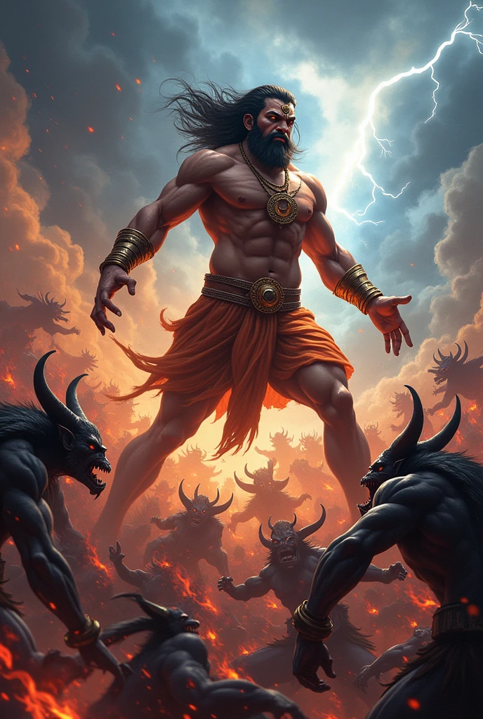 god hanuman fighting with 1000 devils with thunder in sky 