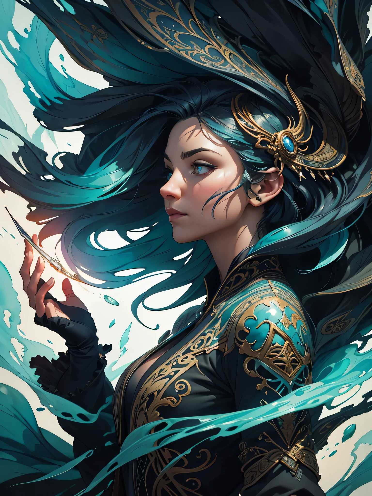 Colorful beautiful woman: Black ink flow: 8k resolution photorealistic masterpiece: by Aaron Horkey and Jeremy Mann: intricately detailed fluid gouache painting: by Jean Baptiste Mongue: calligraphy: acrylic: watercolor art, professional photography, natural lighting, volumetric lighting maximalist photoillustration: by marton bobzert: 8k resolution concept art intricately detailed, complex, elegant, expansive, fantastical, Dream Cather,