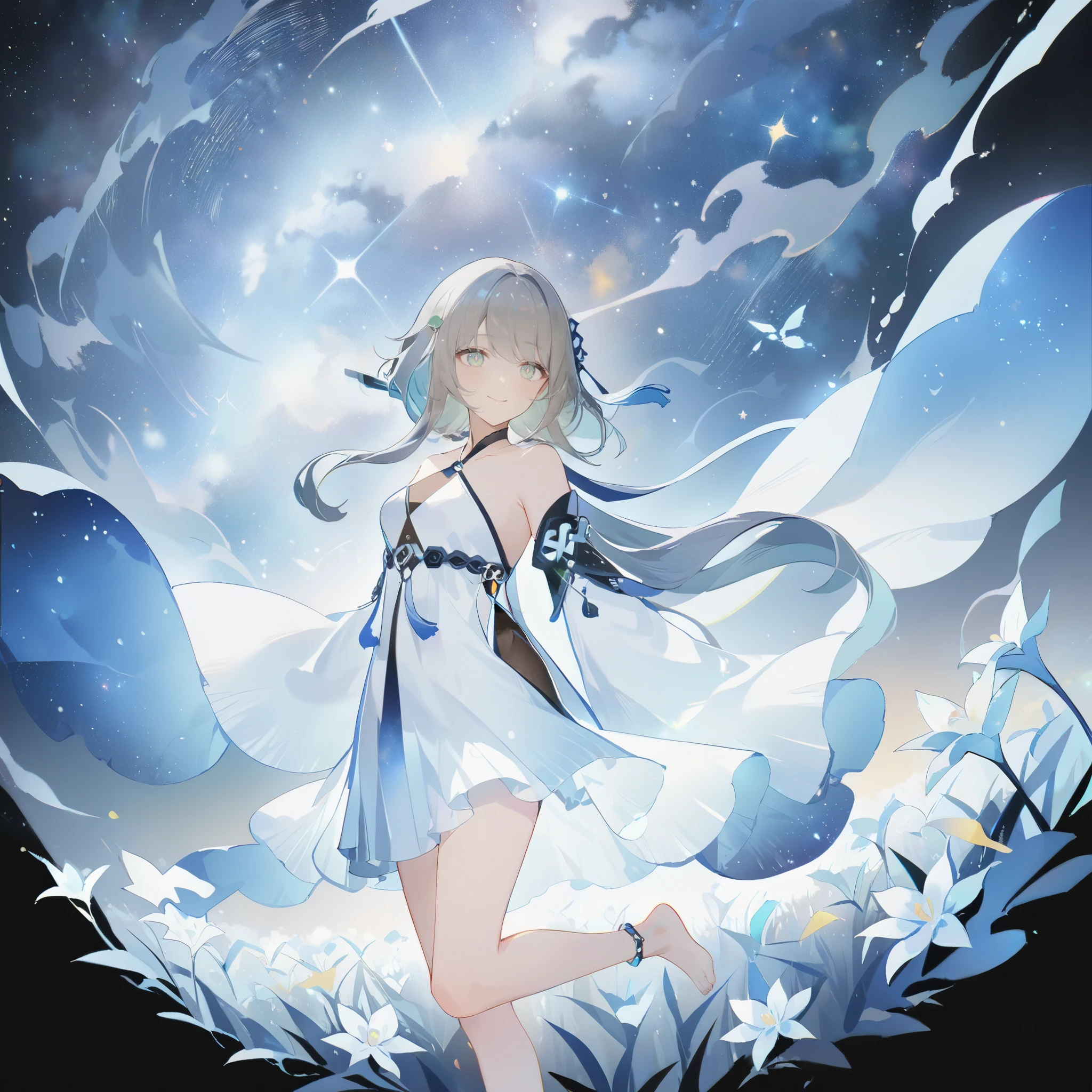 score_9, score_8_up, score_7_up, score_6_up,1girl, guizhong_\(genshin_impact\),(grey hair),short_hair_with_long_locks in front and low ponytail in back,gradient_hair,(pale grey eyes with seafoam gradient),starry_sky_print,detached_sleeves white outside blue starry inside, hands completely hidden by long sleeves,stunning field of softly glowing cerulean and white glaze lilies,night scene,gentle smile,face focus, eye focus,ladyshadow,moonlight,glossy lips,vivid anime coloring,cel shading,smooth, soft dreamy focus,anklet,halter_top,white clothes,highly detailed,digital painting,bare_shoulders,barefoot,cool night tones, magical night scene,geo crystalflies,professional,anemo colored fireflies,nebula of stardust and silvery vapor,harmonious blend of nature and art,transcendent beauty,awe-inspiring artwork,(best quality,4k,8k,highres,masterpiece:1.2),yunamaro,carnelian,dsmile,cosmic stardust,guizhong, guizhong's def clothes, 1girl, long hair, blue eyes, barefoot, guizhong's dress, hair ornament, chinese clothes, sleeves past fingers,