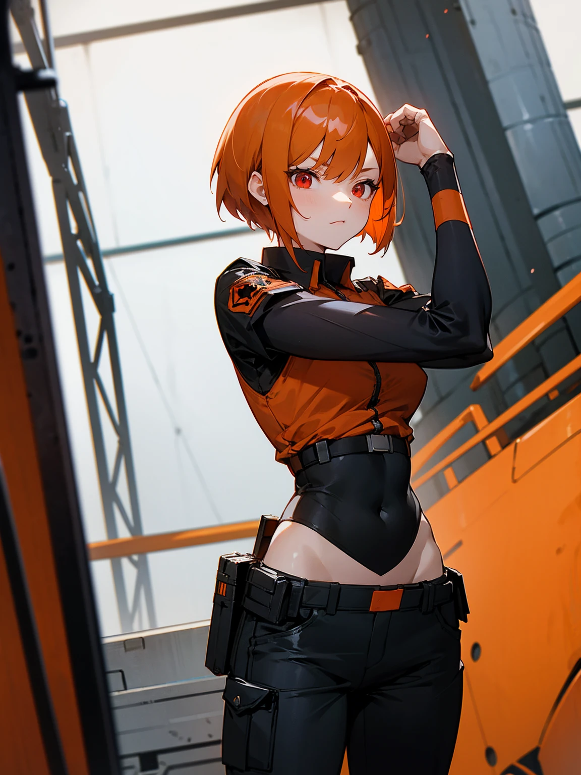 ((highest quality)), ((masterpiece)), (be familiar with),Clementine,Overload,nsfw,Sleeveless hoodie,shirt,pants,Alluring,whole body,boots,coat,Erect nipples, cyber punk,SF