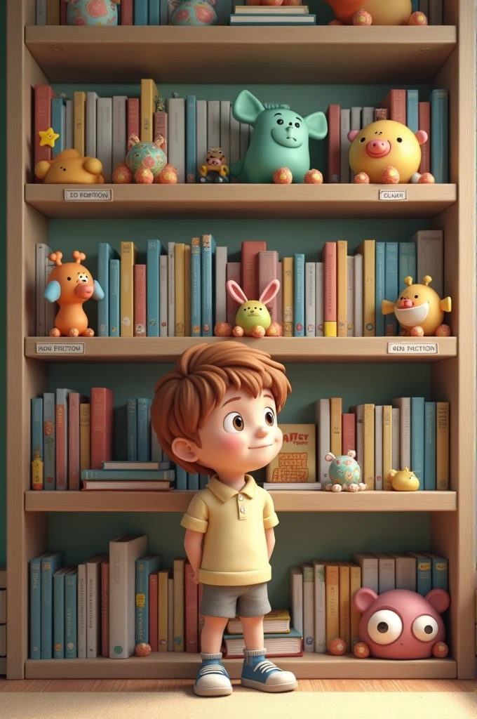 Timmy’s Organized Shelves: "A close-up of neatly arranged books and toys on shelves, with everything organized by category."