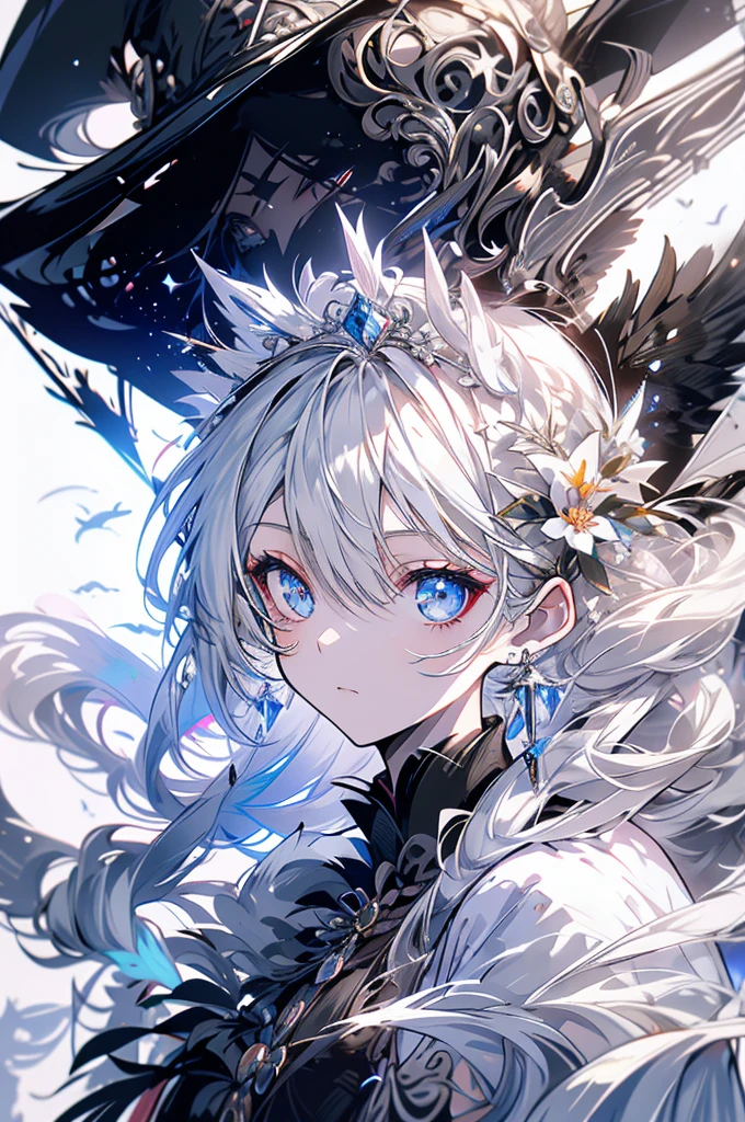 Exquisite facial features，Girl wearing a western-style white wedding dress，Glassy eyes，Exquisite hat and silver earrings，Black long hair，Light Snow，Branches，Forest Adhesive，cute、With Black Dragon、Black Dragon Bride