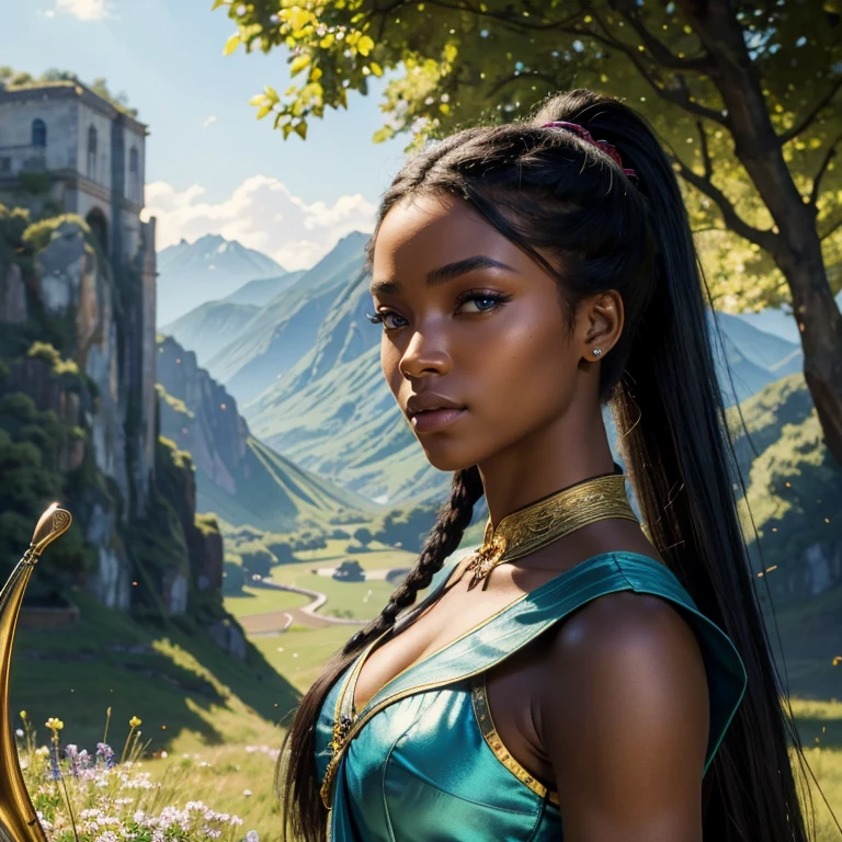 ((ultra quality)), ((masterpiece)), Katara, ((brown-haired long hair)), (Beautiful face), (beautiful female lips), (), charming, ((sexy facial expression)), looks at the camera, (dark skin color), (dark skin), glare on the body, ((Detailed eyes)), ((Dark blue eyes)), (juicy female lips), (brown lips), (dark eyeliner), (beautiful female hands), ((ideal female figure)), ideal female body, beautiful waist, beautiful hips, medium breasts, ((subtle and beautiful)), A seductive stance (close up of face), (dressed in Katara's clothes) background: beautiful forest near the river, ((depth of field)), ((high quality clear image)), (clear details), ((high detail)), realistically, professional photo session, ((Clear Focus))