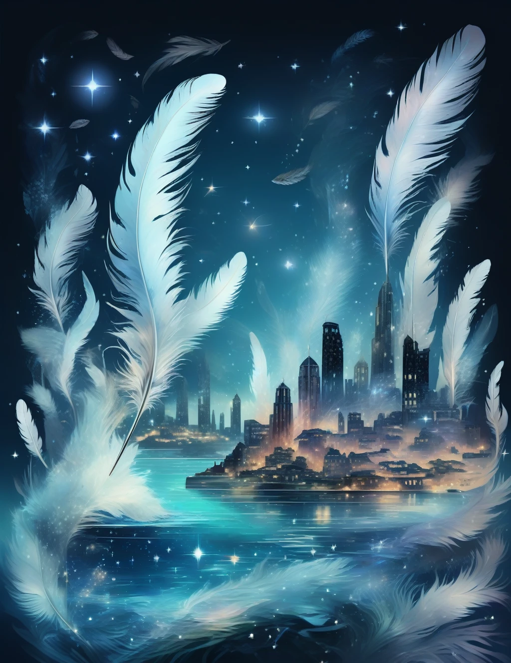 Aria_Fatal,Amazing world,night,Underwater starry sky,A city in the sea,Transparent feathers,Iridescent Feathers