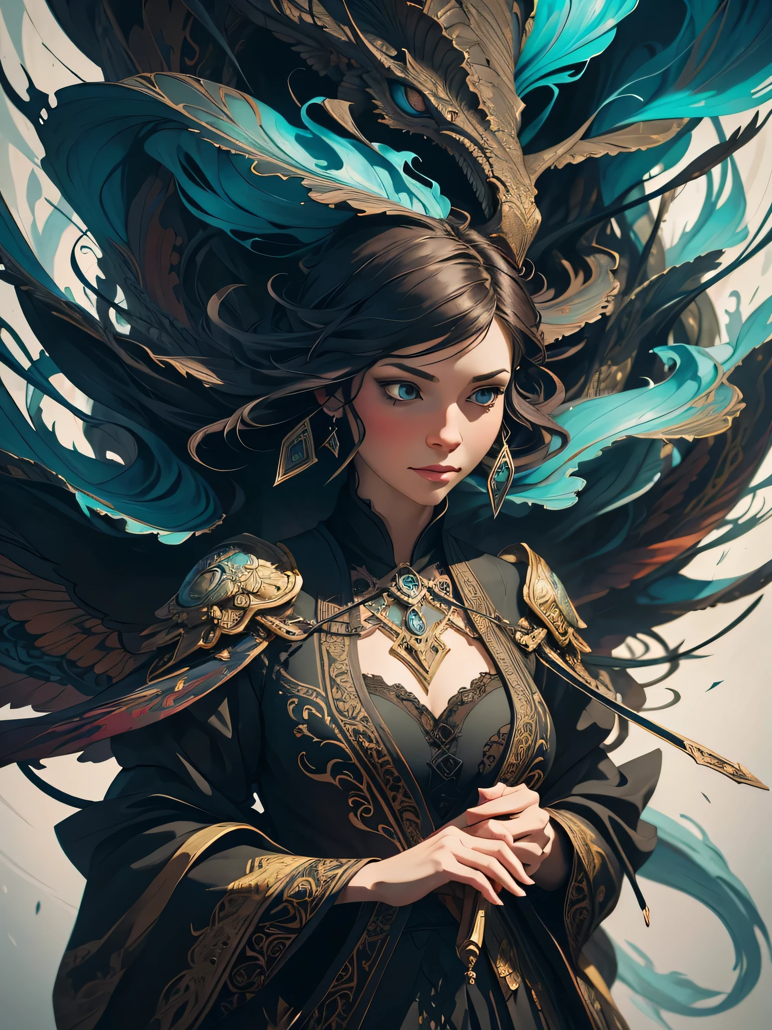Colorful beautiful woman: Black ink flow: 8k resolution photorealistic masterpiece: by Aaron Horkey and Jeremy Mann: intricately detailed fluid gouache painting: by Jean Baptiste Mongue: calligraphy: acrylic: watercolor art, professional photography, natural lighting, volumetric lighting maximalist photoillustration: by marton bobzert: 8k resolution concept art intricately detailed, complex, elegant, expansive, fantastical, Dream Cather,