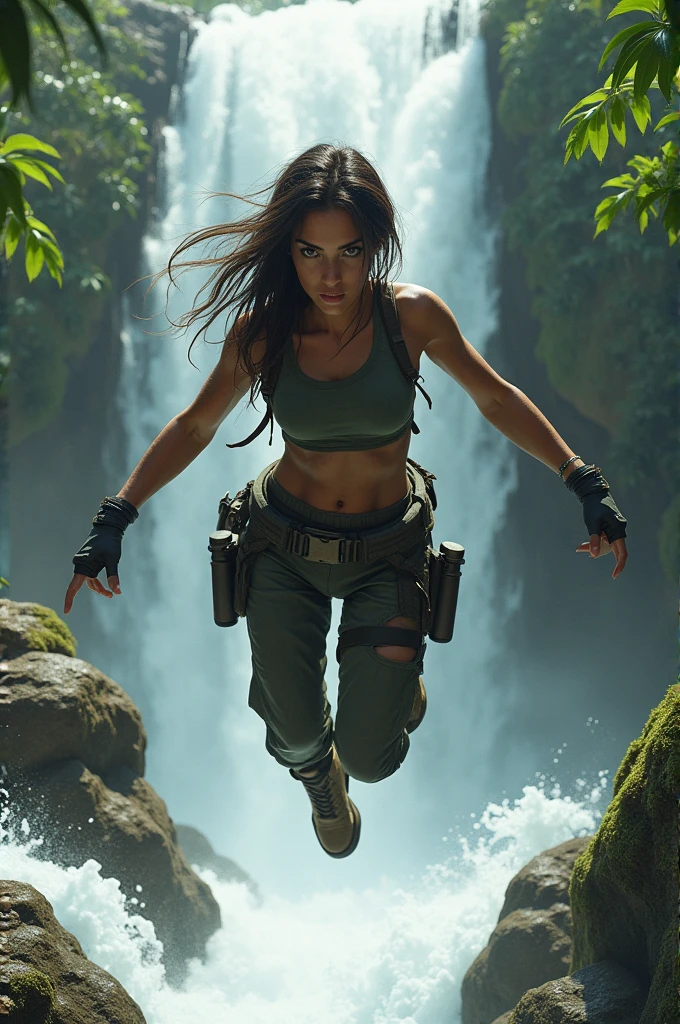 Create a young woman inspired from lady lara croft at tomb rider movie.fully war equipment.Create a young woman inspired from lady lara croft at tomb rider movie. She is jumping into the waterfall near a traditional balinese temple