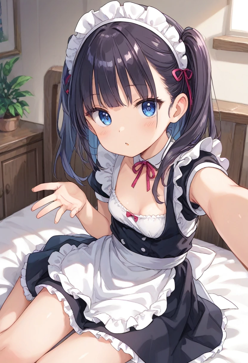 score_9, 1girl, cleavage, clothes lift, small breasts, sitting, on side, maid, maid suits, skinny, looking at viewer, parted lips, detailed eyes, shiny eyes, selfie, reaching out