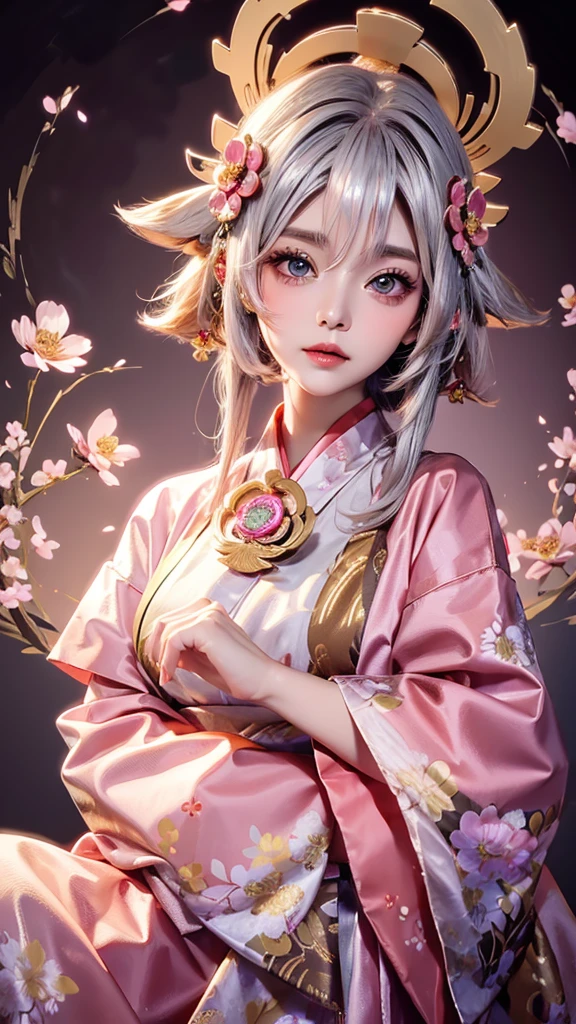 Cute Woman　Japanese style　Golden kimono　Bob Hair　Silver Hair　Gorgeous large flower hair ornament　Golden halo　Big eyes　Pink floral luxury background
