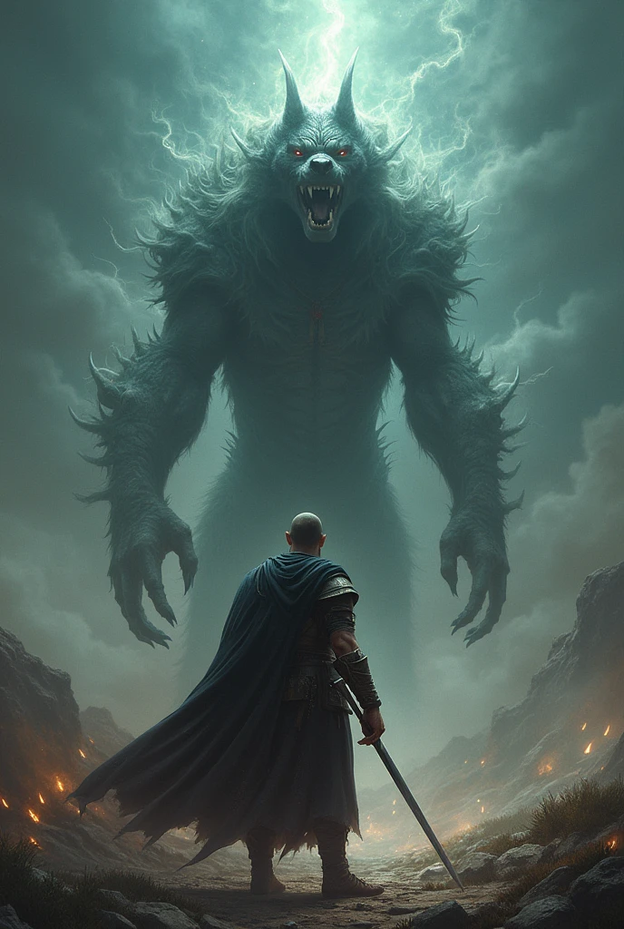 Injured warrior faces cerberus and thousands of spirits 