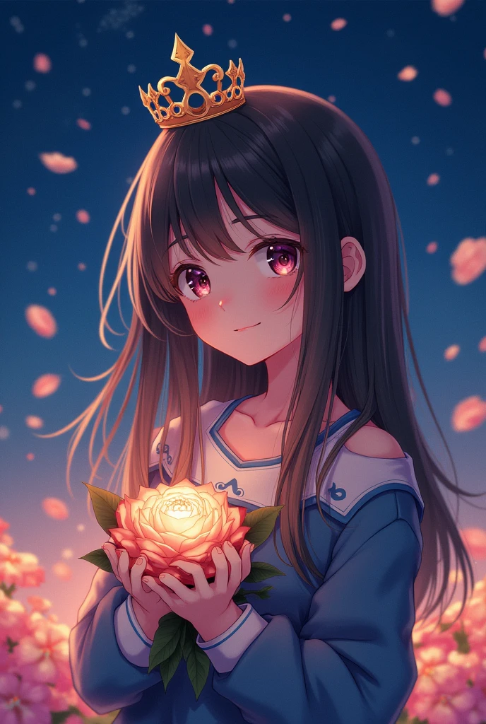 Highest quality, expensive_solve, clear_image, Detailed Background ,girl, Random wear,flower, Night Sky,Dutch Angle, Wide Shot,A shy smile, Crown,  