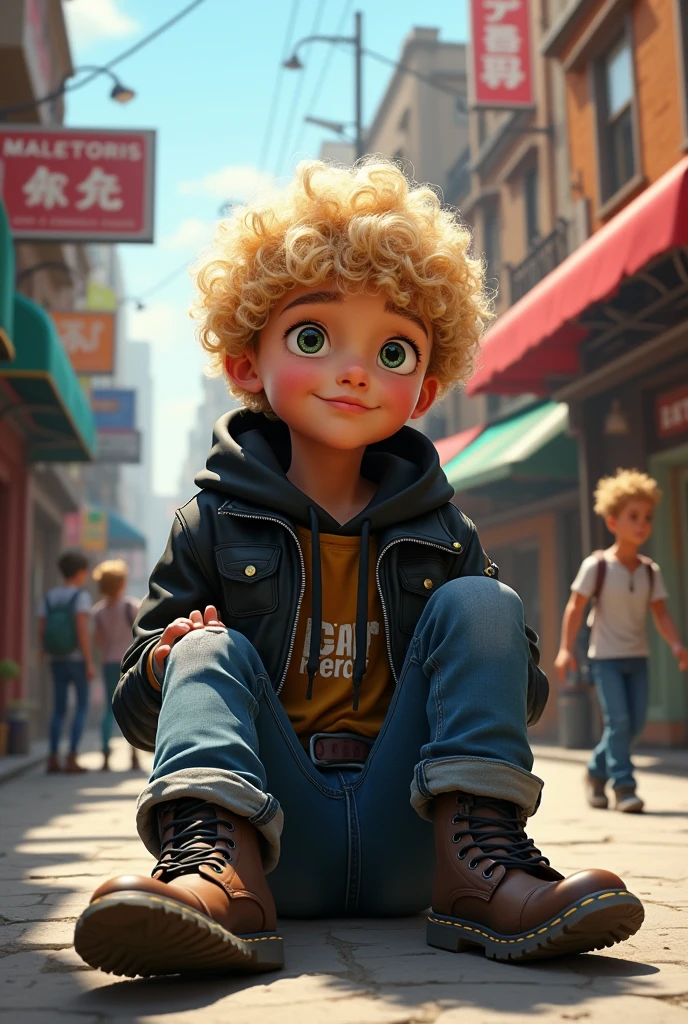 、Curly Hair、blonde、Black Riders Jacket、hoodie、denim、Dr. Martens、Sit at the meeting、Street、