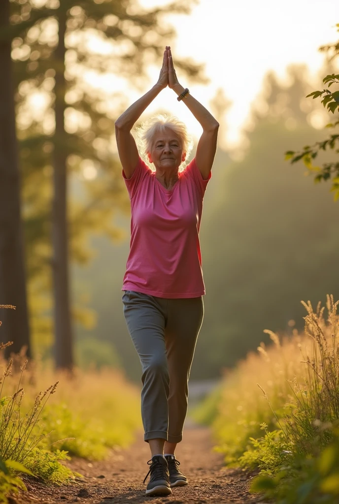 realistic image of elderly people doing outdoor sports like yoga, Aerobics, hike, 