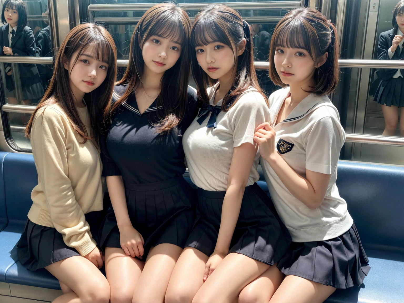 masterpiece, best quality, illustration, Super detailed, fine details, High resolution, 8K,wall paper, perfect dynamic composition,(Details High quality, realistic depiction of eyes:1.3), (3 girls), Black Sailor Uniform, serafuku, Navy pleated skirt, sitting, open legs, short bob hair, Sitting on a train in Tokyo, deep on field, large breasts, black hair color, Big Natural Color Lip, (perfect body shape), crying a little、Harajuku style、20 year old girl、cute type、beautiful legs, Gravure Idol