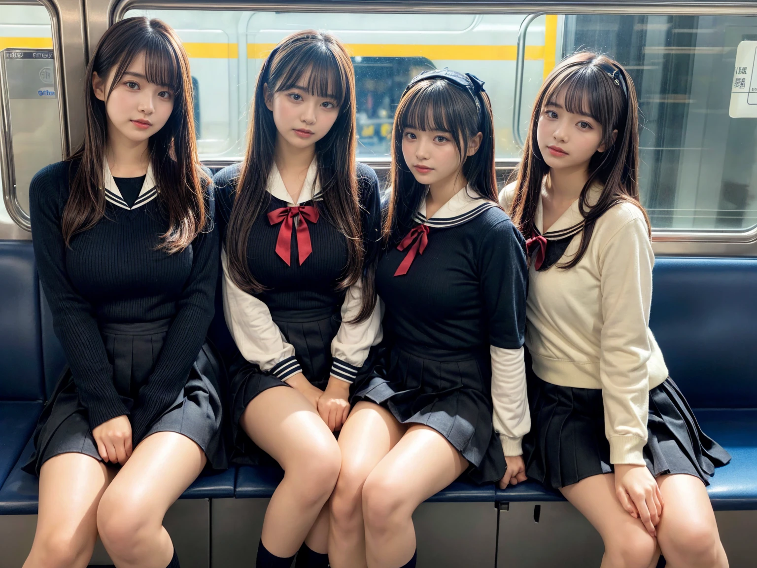 masterpiece, best quality, illustration, Super detailed, fine details, High resolution, 8K,wall paper, perfect dynamic composition,(Details High quality, realistic depiction of eyes:1.3), (3 girls), Black Sailor Uniform, serafuku, Navy pleated skirt, sitting, open legs, short bob hair, Sitting on a train in Tokyo, deep on field, large breasts, black hair color, Big Natural Color Lip, (perfect body shape), crying a little、Harajuku style、20 year old girl、cute type、beautiful legs, Gravure Idol