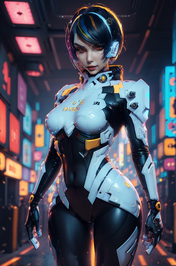 highest quality, cinematic lighting, (volumetric lighting), extremely detailed, extremely detailed, ultra realistic, sharp focus, detailed and intricate, 1024k UHD wallpaper, hdr, 8k, dslr, raw photography, soft lighting, sharp focus, (best quality:1.4, ultra-detailed:1.1, lighting:1.1, shadow:0.9, ray tracing:1.4), real light, very true, very clear detailed details, cyberpunk fantasy concept art, colorful, vivid colors, rich hues, 1girl, solo, Holo-Punk Style, yellow eyes, mascara, black hair, (highlights hair, fluorescent yellow hair streaked hair), pixie cut, black lips, seductive smile, makeup, medium breasts, yellow crop top, bare arms, black layered skirt, arms behind back, standing, head tilt, cyberpunk, city, street, night, blurred background, dynamic lighting, (breathtaking), (masterwork:1.3), (stunningly beautiful), (anatomically correct:1.3), epic, scifi, futuristic art, cyberpunk art by butcher billy, sticker, colorful, illustration, highly detailed, simple, smooth and clean vector, no jagged lines, vector art, smooth, cover art, posing, (cyberpunk), looking at viewer, cowboy shot, expressive eyes, intense and powerful,