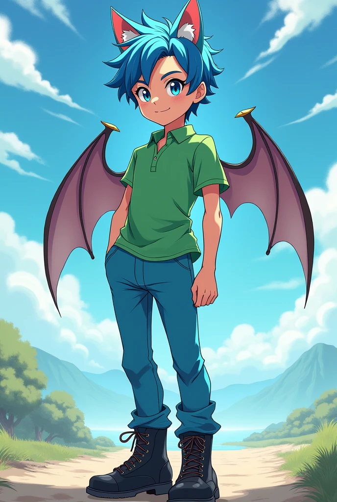 anime boy very handsome and thin with little ears on his head very adorable Sonic the hedgehog style but with his little blue ears and bat wings and his tight green polo shirt with shiny black boots and his bright blue hair and his bright blue pants.