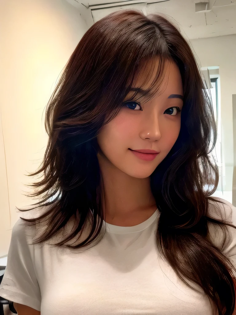 masterpiece、Highest quality、photorealistic、Ultra high definition、High resolution、16K wallpaper、Super detailed、Fine details、Cinema lighting、In a white room with a glass base、There is one woman, A small smile、Detailed eyes、Symmetrical black eyes、Inward layered medium hair、Inward curl hairstyle、High quality white tight t-shirt、Gorgeous girl, Japanese Gravure Idol