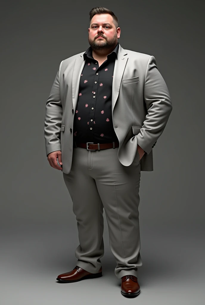 I have a black shirt with very very small pink dots and I want to combine it with a formal light grey suit, a jacket and light grey formal trousers and elegant brown shoes., The shirt has a black and white line with a design similar to flowers but that is hidden when pointed at, create an image with that description, It is for a slightly obese person who weighs 90 kilos and is 1..70 cm, black shirt with very small pink dots and has a beard