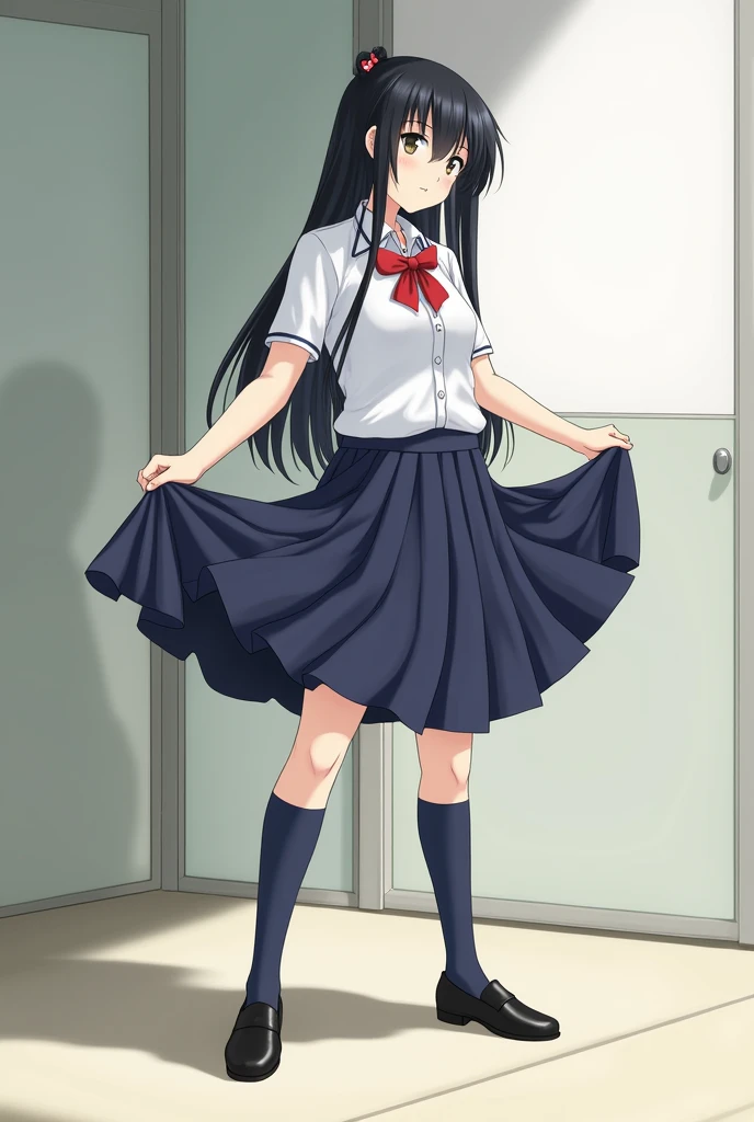 Japanese schoolgirl lifting up her skirt、Black Hair、Long Hair、Navy blue socks、loafers、Underwear is visible、Real