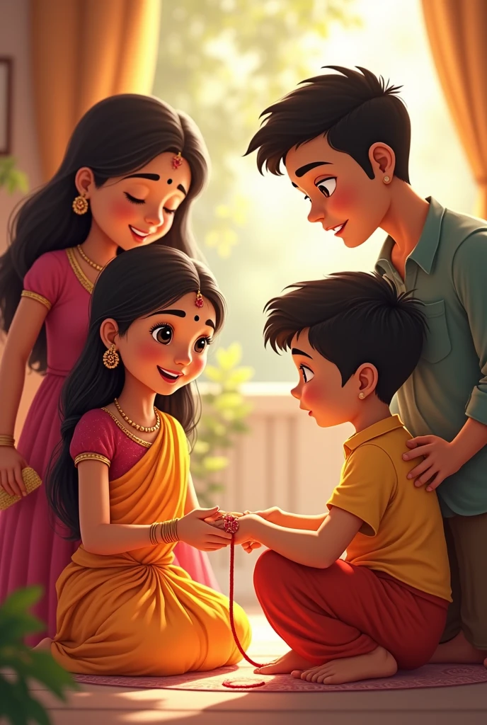 Sister tie rakhi to brother and their parents watching their proudly