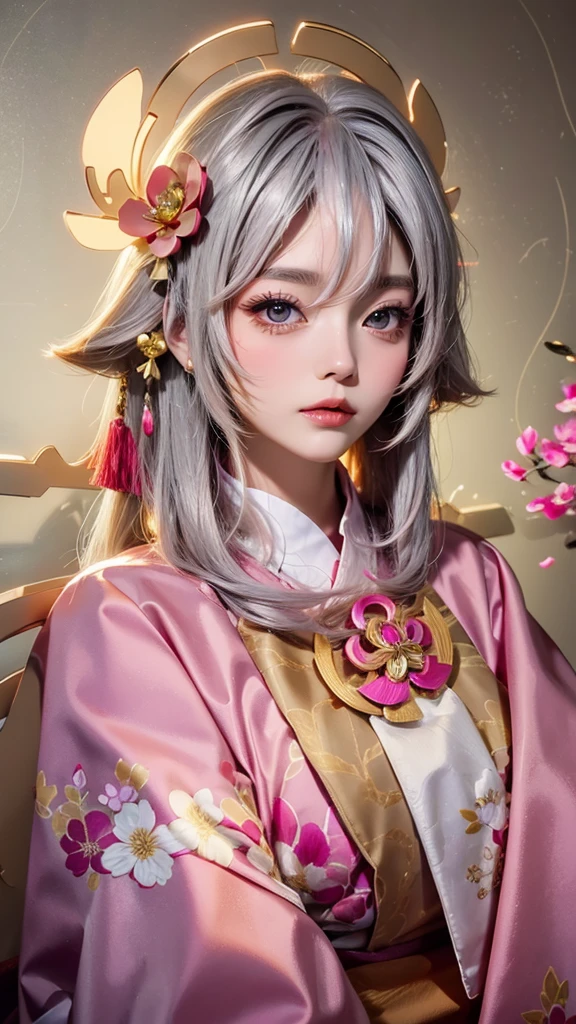 Cute Woman Japanese style Golden kimono Bob Hair Silver Hair Gorgeous large flower hair ornament Golden halo Big eyes Pink floral luxury background