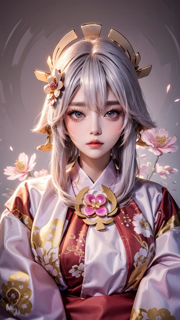 Cute Woman Japanese style Golden kimono Bob Hair Silver Hair Gorgeous large flower hair ornament Golden halo Big eyes Pink floral luxury background