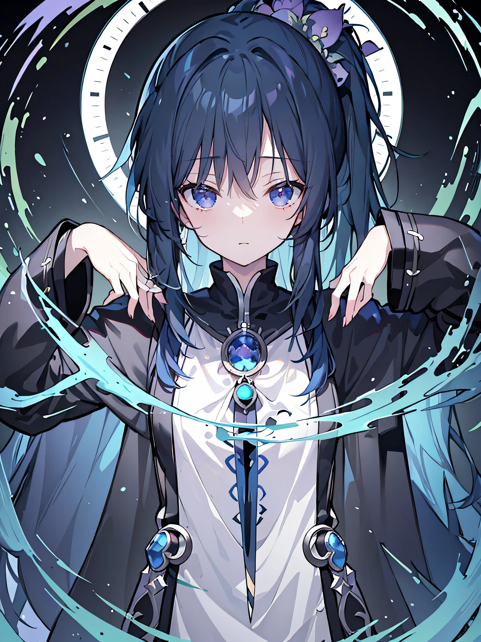 (Masterpiece:1.2),Ultra-detailed,lifelike,The eyes are expressive,Fair skin,Perfect face shape,masterpiece, absurdres, novel cover, cover illustration, 1girl, solo, dark blue-haired ponytail, mage robes, flower background, clock background, monochrome, line drawing