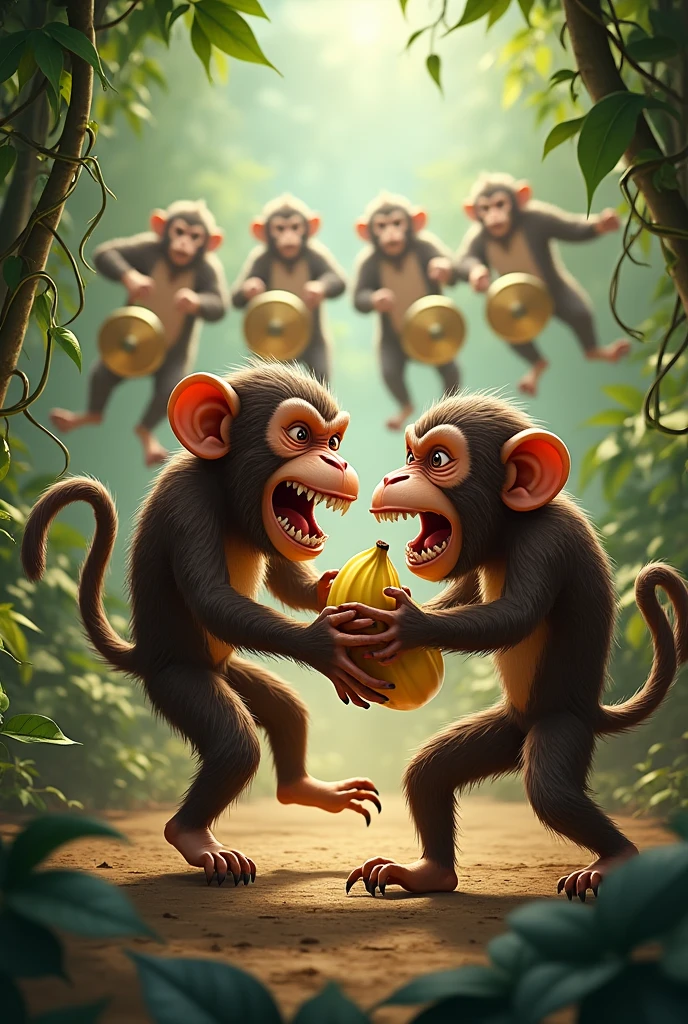 make an image of two monkeys fighting over a banana and in the background five monkeys beating cymbals.