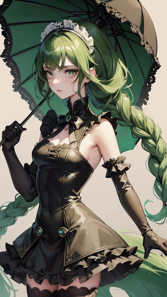 1 girl, anime, high quality, intricate details, black hair, fluffy hair, short hair, elegant, futuristic setting, maid dress, stockings, green streaks in hair, steampunk accessories, stoic expression, lacy umbrella, gothic aesthetic, green eyeshadow, lacy gloves, curvy body, ruffled hair, small braid, freckles