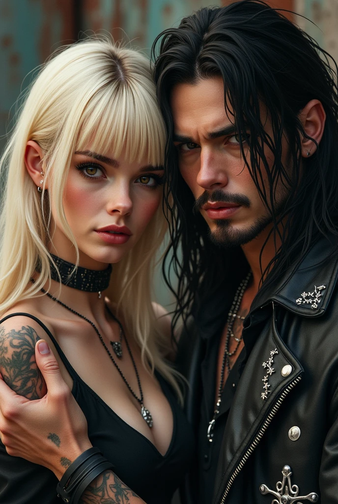 Make an image of an alternative couple with these characteristics:

naughty girl: She has pearly blonde hair, long and past the shoulder, with a fringe. She also wears a piercing in her mouth., and dark brown eyes Boy: He is a metalhead with dark hair and long hair down to his waist., has dark brown eyes and has a mustache and goatee 
