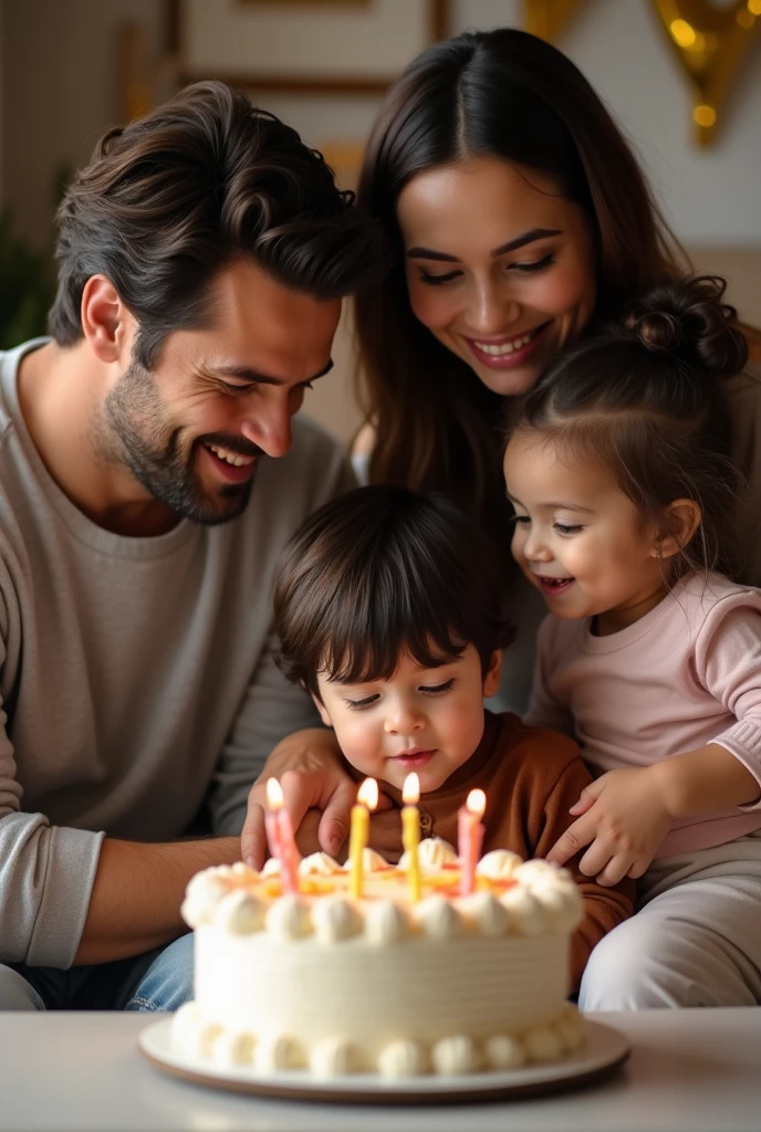 With AI make a photo of two people with features of Henry Cavill and Negin Mirsalehi she has brown hair. And with their children, a three-year-old boy with black hair down to his forehead, celebrating his birthday, and also with a one-year-old female child, A baby