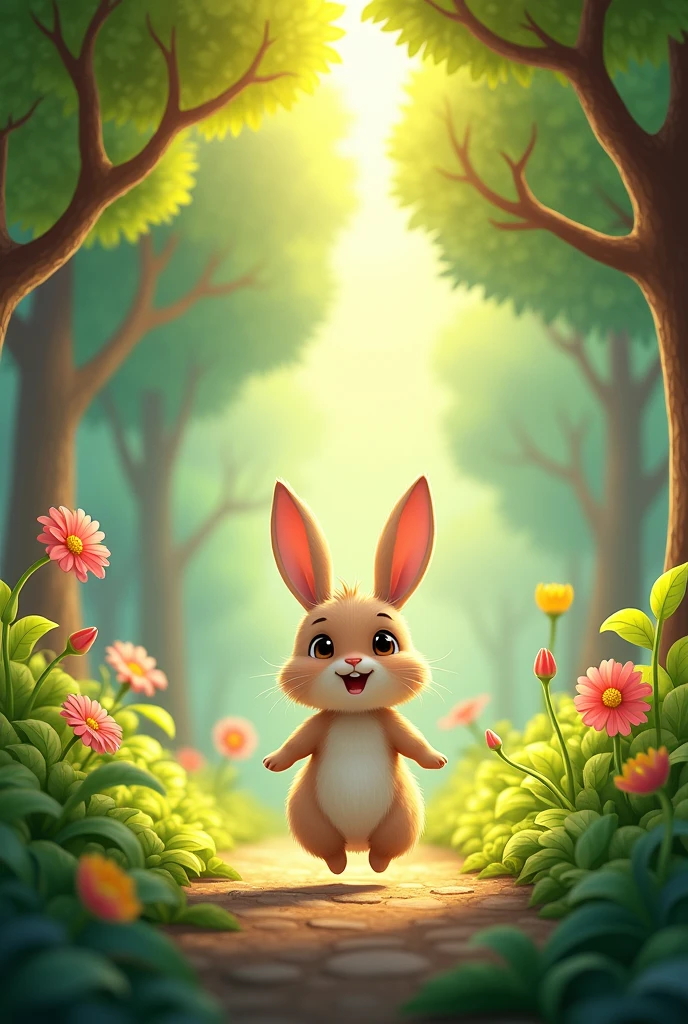 A vibrant, cartoon-style forest with a small, cheerful rabbit named Kunchu hopping along a leafy path. The forest is full of colorful trees, flowers, and sunlight filtering through the leaves, creating a lively and happy atmosphere."