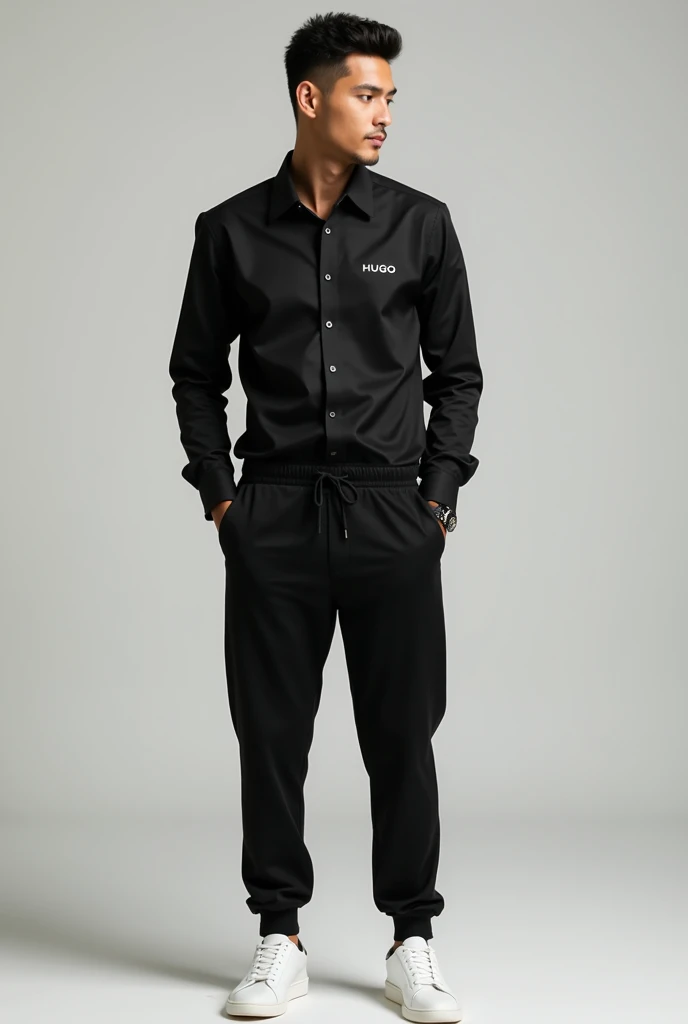 Man in black Hugo brand shirt outfit with black smart jogger and white sneakers 