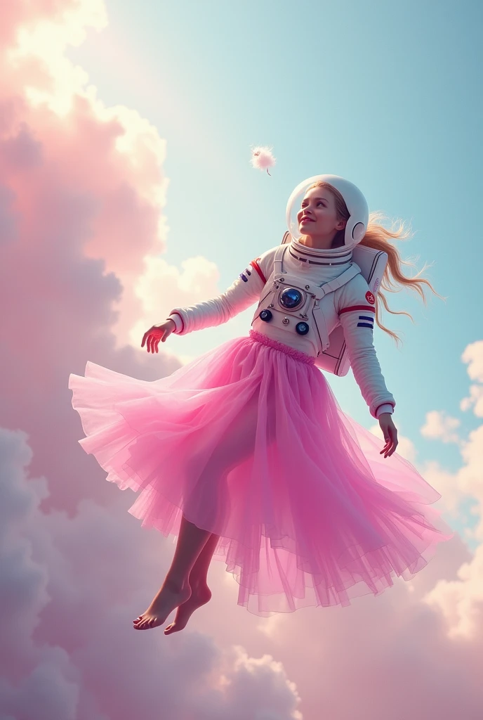 astronaut in pink dress floating