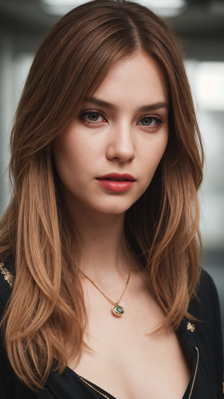 a woman with red hair, hyper-realistic skin, shiny/glossy, modern jewelry, gongbi, portraiture, dark teal and light gold, tropical landscapes, Face portrait photo oF a 21 Year-old German woman, .raw, beautiFul woman, half strawberry lips, strawberry lipstick, Fossettes, nostalgic look, light brown eyes, great student, thin eyelashes, (Brown extra long blond hair), ((detailed Face)), ((detailed Facial Features and skin texture)), (Finely detailed skin), pink and red skin, (Deep neckline detailing high-tech cyberpunk dress), Cyberpunk big city environment, (cold colors), moist, moist, reFlections, (masterpiece) (height ratio / perfect width) (photo realist) (best quality) (detailed) Shot with Canon EOS R5, ObjectiF 50mm, F/2.8, human development report, (8k) (wallpaper) (light) (Dramatic Light) (sharp focus) (complicated), sharp details, skin detail sharpness, 