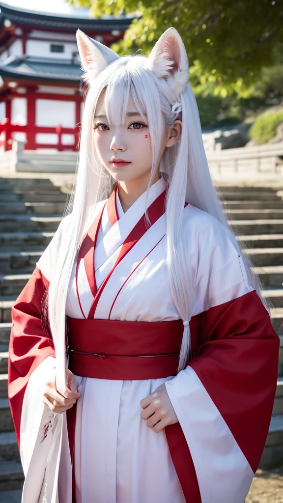 White Demon Fox、Nine-tailed Fox、Japanese women、kimono、Fair skin、Red lines on face、8K、I have long hair、Shrine grounds