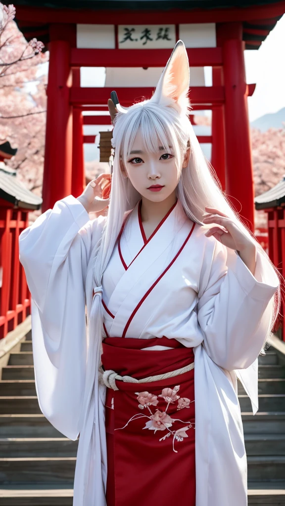 White Demon Fox、Nine-tailed Fox、Japanese women、kimono、Fair skin、Red lines on face、8K、I have long hair、Shrine grounds