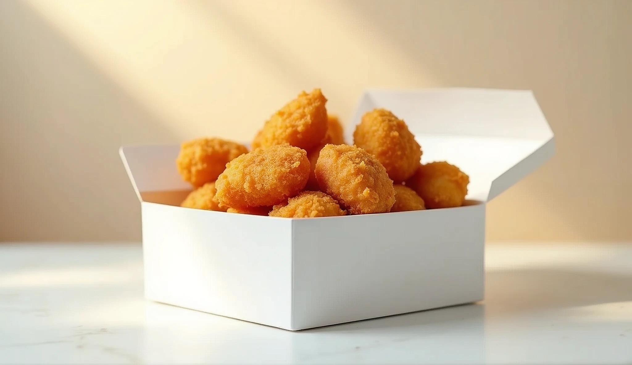 chicken nuggets on a white box, on a white table with neutral shades, taken with a professional camera, intended for digital flyers, perfect framing, white background, realistic, professional photography, accurate, epic, gorgeous, stock photo, good lighting, reslistic textures, hyperrealistic, centered, easy to look, fast food mockup