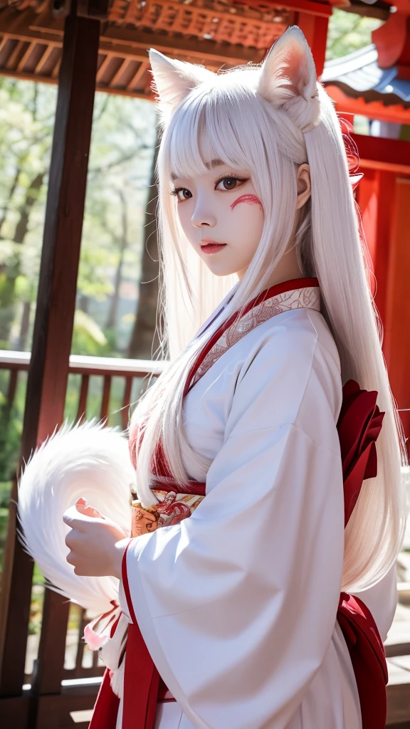 White Demon Fox、Nine-tailed Fox、Japanese women、kimono、Fair skin、Red lines on face、8K、I have long hair、Shrine grounds