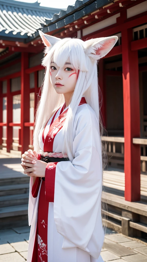 White Demon Fox、Nine-tailed Fox、Japanese women、kimono、Fair skin、Red lines on face、8K、I have long hair、Shrine grounds