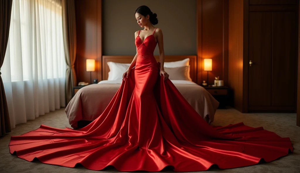 Asian woman in red satin gown, mermaid-style, fabric clings tightly, immobile, full-body encapsulation, entirety of fabric about 7 meters in length trailing dramatically, overlong satin train, extreme detail on the texture of the satin, highlighting its reflective quality, cinched at the ankle, sexy pose, in hotel room, dramatic lighting, ultra realistic, high-resolution photography.