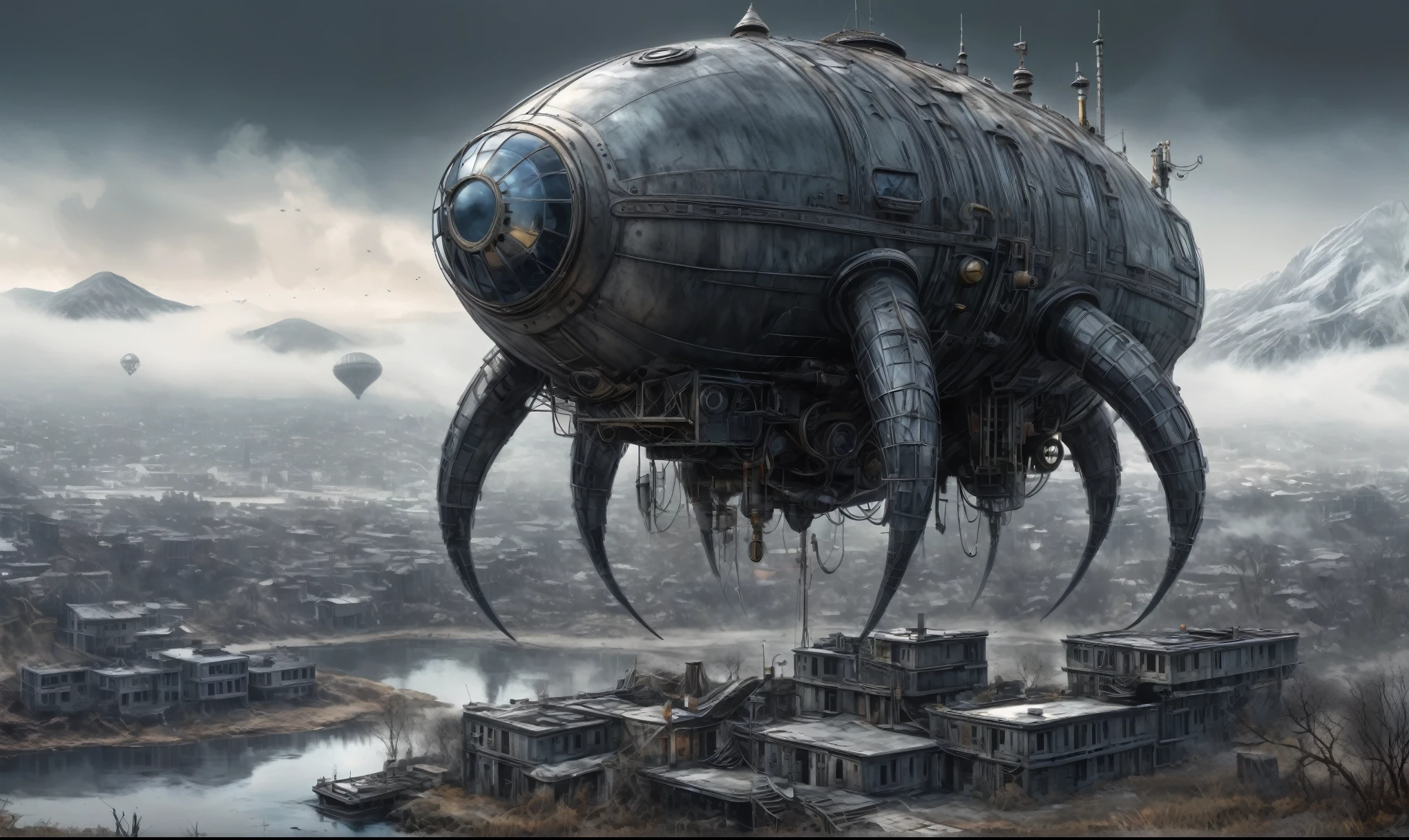 insane pilot from USSR ,pinhead, camouflage Rusty, Ambient in a meteorite ,graphite witch after a psychiatric clinic,winter,intricate landscape,slate grey atmosphere,film grain,faded,eyes extremely detailed,another world,ring of truth,view from height,once pretty face,eyebrow up,full body shot,ominous landscape, Simon Stalenhag,Nicola Samori,full body shot,beggar paladium The Alien Entity,Technicolor,natural skin textures, hyper realism, hyper detailed,Extremely detailed,High contrast,Masterpiece,Realistic,Ultra Detailed, intricate details,realistic humid leather,extremly intricate,Epic Realistic, cinematic style,irina yermolova,high contrast,hdr,extremely detailed, deep night landscape,masterpiece,intricate details,faded,eyes extremely detailed, high detailed eyes,8k resolution,RAW,retina, Nikon Z9,China,Guangxi Zhuang of China,tkt style,ears perfect, transition between two art styles, Ink painting to photorealism, Double contact, X-ray, Creative, vivid light, masterpiece, fantasy, Abstract Surrealism, super detailed, high resolution, stop:35;Her skin is pale, almost translucent,ancient rock,a hot air soars through the layers of clouds, revealing a colossal and enigmatic cityscape nestled within. The buildings in this ethereal city are adorned with intricate details and exude an aura of mystery. Above the cityscape, lend an enchanting touch to the scene. steampunk. The intricate mechanics create a sense of wonder and fascination, as if stepping into a dreamlike realism