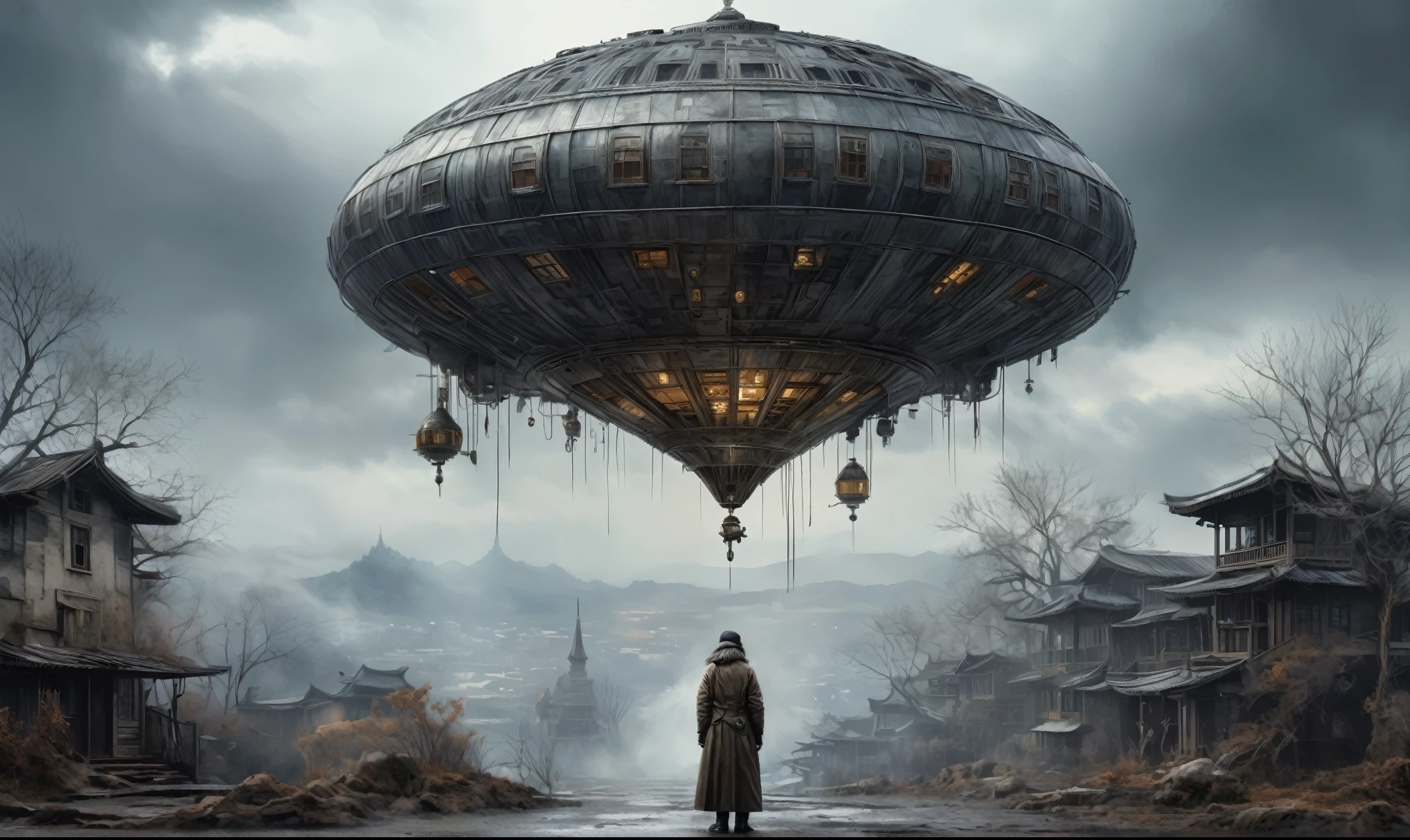 insane pilot from USSR ,pinhead, camouflage Rusty, Ambient in a meteorite ,graphite witch after a psychiatric clinic,winter,intricate landscape,slate grey atmosphere,film grain,faded,eyes extremely detailed,another world,ring of truth,view from height,once pretty face,eyebrow up,full body shot,ominous landscape, Simon Stalenhag,Nicola Samori,full body shot,beggar paladium The Alien Entity,Technicolor,natural skin textures, hyper realism, hyper detailed,Extremely detailed,High contrast,Masterpiece,Realistic,Ultra Detailed, intricate details,realistic humid leather,extremly intricate,Epic Realistic, cinematic style,irina yermolova,high contrast,hdr,extremely detailed, deep night landscape,masterpiece,intricate details,faded,eyes extremely detailed, high detailed eyes,8k resolution,RAW,retina, Nikon Z9,China,Guangxi Zhuang of China,tkt style,ears perfect, transition between two art styles, Ink painting to photorealism, Double contact, X-ray, Creative, vivid light, masterpiece, fantasy, Abstract Surrealism, super detailed, high resolution, stop:35;Her skin is pale, almost translucent,ancient rock,a hot air soars through the layers of clouds, revealing a colossal and enigmatic cityscape nestled within. The buildings in this ethereal city are adorned with intricate details and exude an aura of mystery. Above the cityscape, lend an enchanting touch to the scene. steampunk. The intricate mechanics create a sense of wonder and fascination, as if stepping into a dreamlike realism