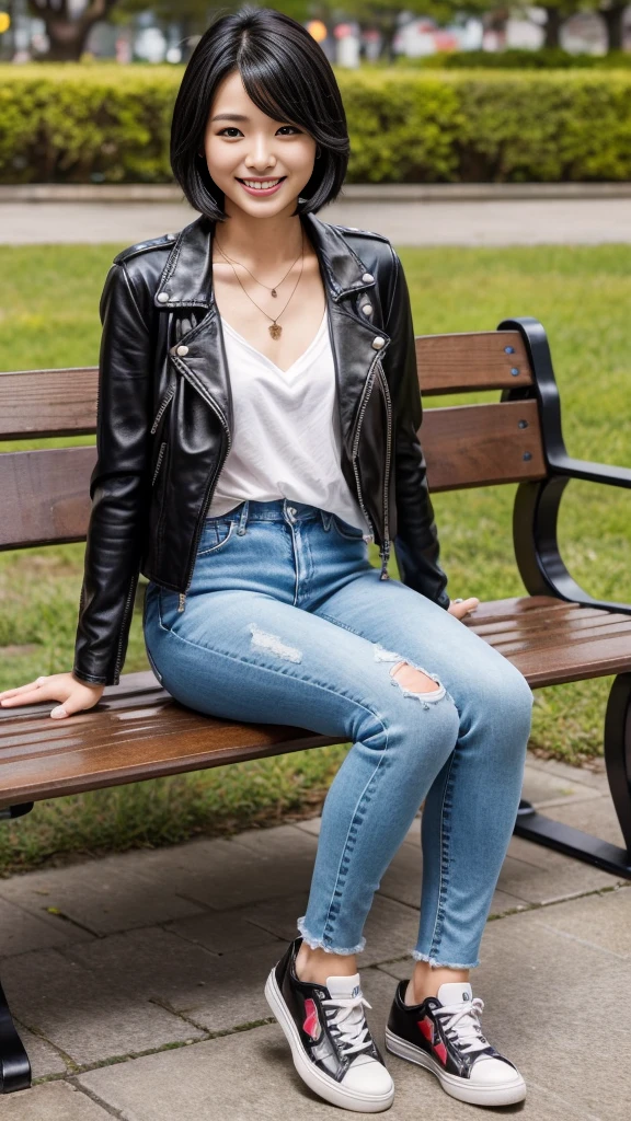 Super Resolution、Beautiful Japanese Women、Full body photo、sitting on a park bench、Black Hair、Short Haircut、、Ear piercing、necklace、leather jacket、shirt、Skinny jeans、sneakers、smile、Beautiful teeth alignment

