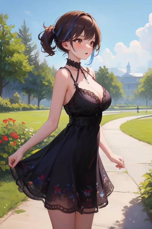 ((Best Quality)), ((masterpiece)), (detailed), 1 girl with a short floral dress with a neckline and blue hair ,Brown hair, Brown eyes, a landscape of a park, big breasts, ((Front view))