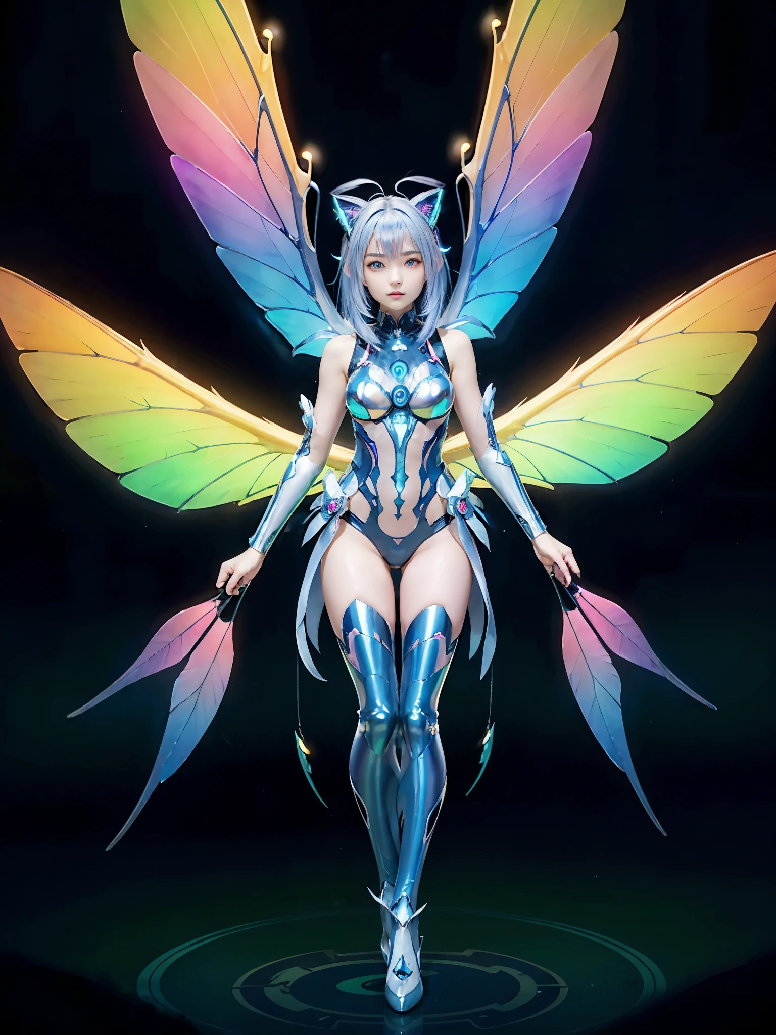 1girl, Armor, Wings, beautiful dragon, futuristic evolved Nekomata, (Neon glowing body), 2 tails, holographic, (The wings are symmetrically paired;1.5), Tricolor color body

