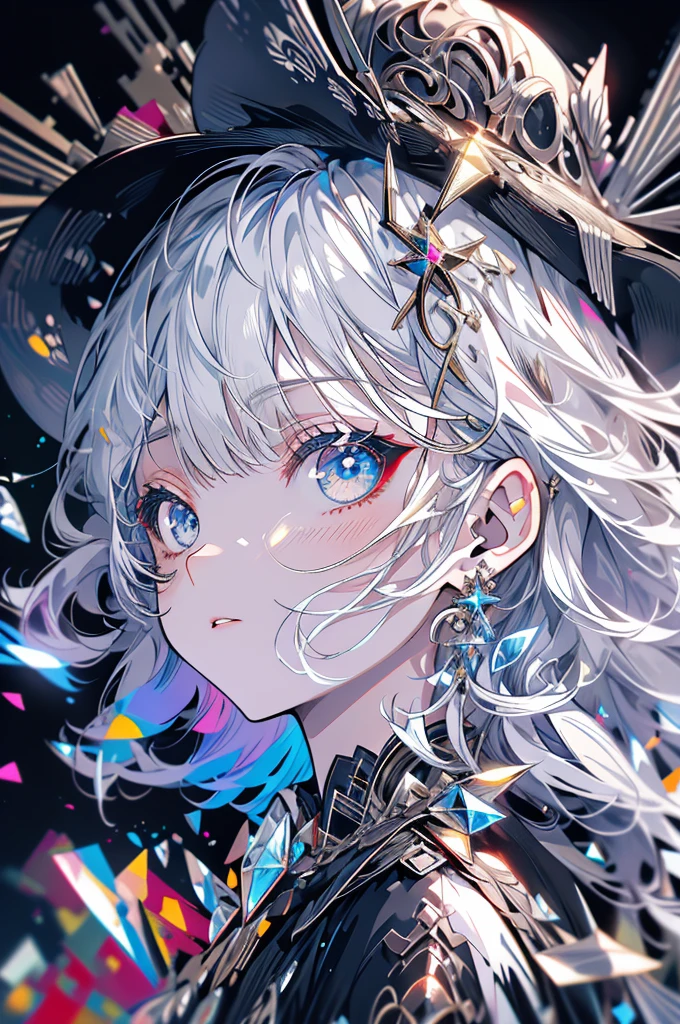 Exquisite facial features，Girl in western dress，Glassy eyes，Exquisite hat and silver earrings，Black long hair，cute