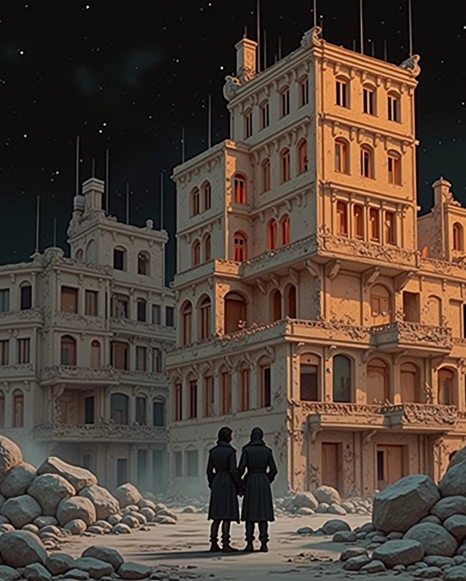 ((friendship)), End of the World, epic realistic, (HDR:1.4), (Soft colors:1.4), Revelation, abandoned, Neutral colors, night, Screen Space Refraction, (Intricate details), (Intricate details, Ultra Detailed:1.2), Art Station, Movie Lenses, Vignette, Complex background, architecture,((Holding Hands))