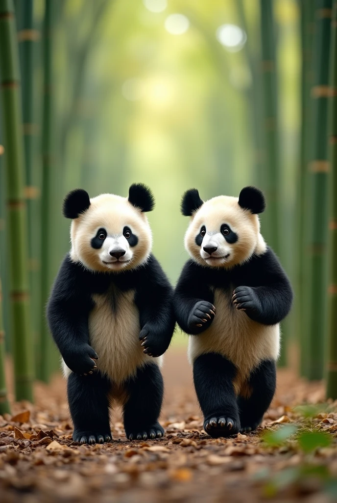 Two pandas taking a leisurely walk in the bamboo forest